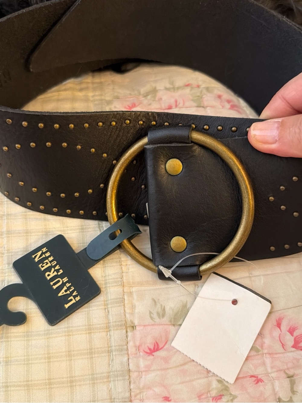 Ralph Lauren Black Leather Belt with Antiqued Gold Ring Buckle and Stud Accents
